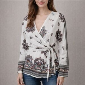 Banjul White Paisley Wrap Shirt Tie Waist Boho Size M